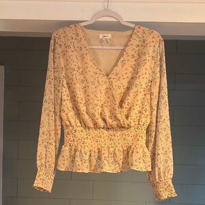 Joules Yellow Floral Smocked Waist V-Neck Blouse
